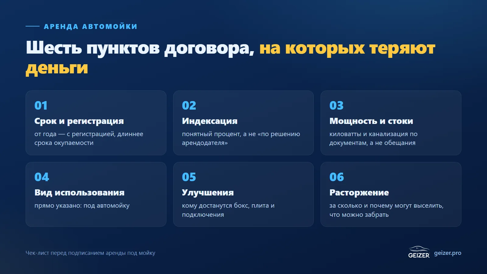 Шесть пунктов договора аренды автомойки: срок, индексация, мощность и стоки, вид использования, улучшения, расторжение